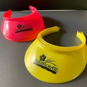 Vintage AmeriFlora ‘92 plastic Sun visors set.  New, original stock. Pink/yellow